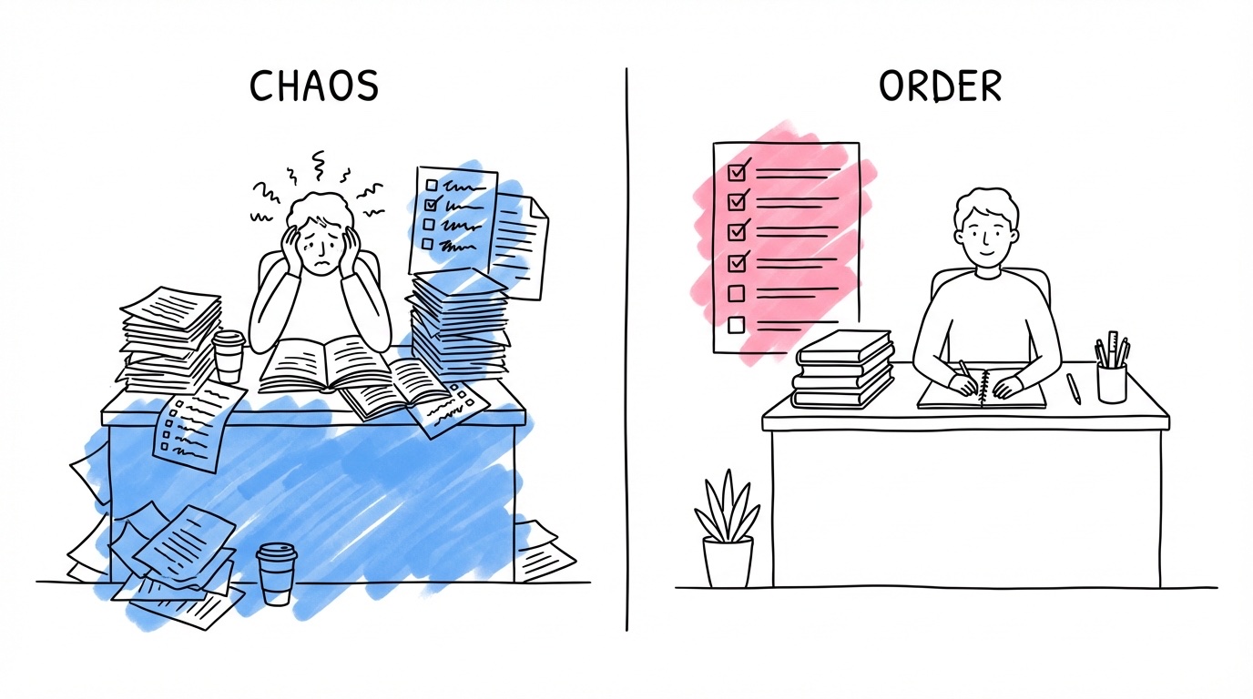 Delad scen: stressig planering med pappershögar vs organiserat skrivbord med avbockad checklista