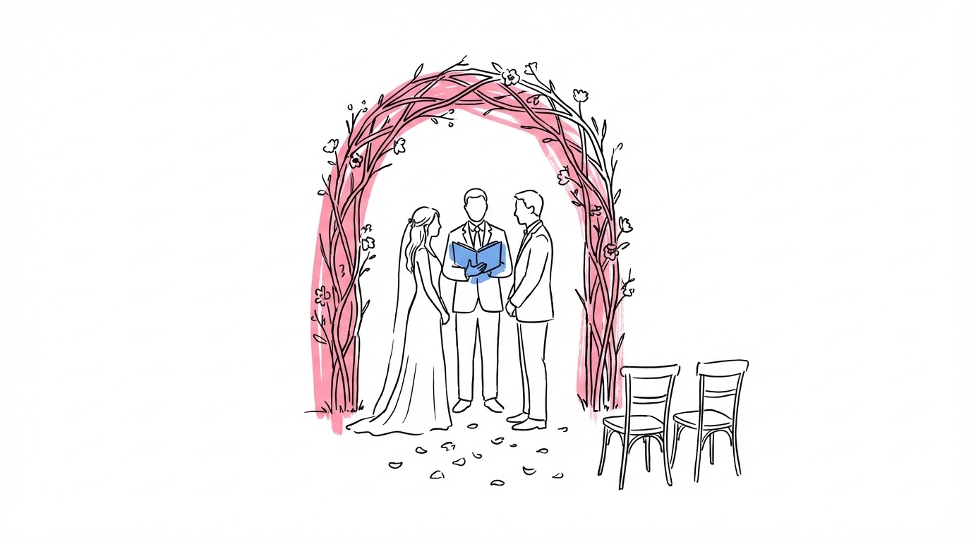 Enkel utomhusceremoni med vigselförrättare och par under naturlig båge
