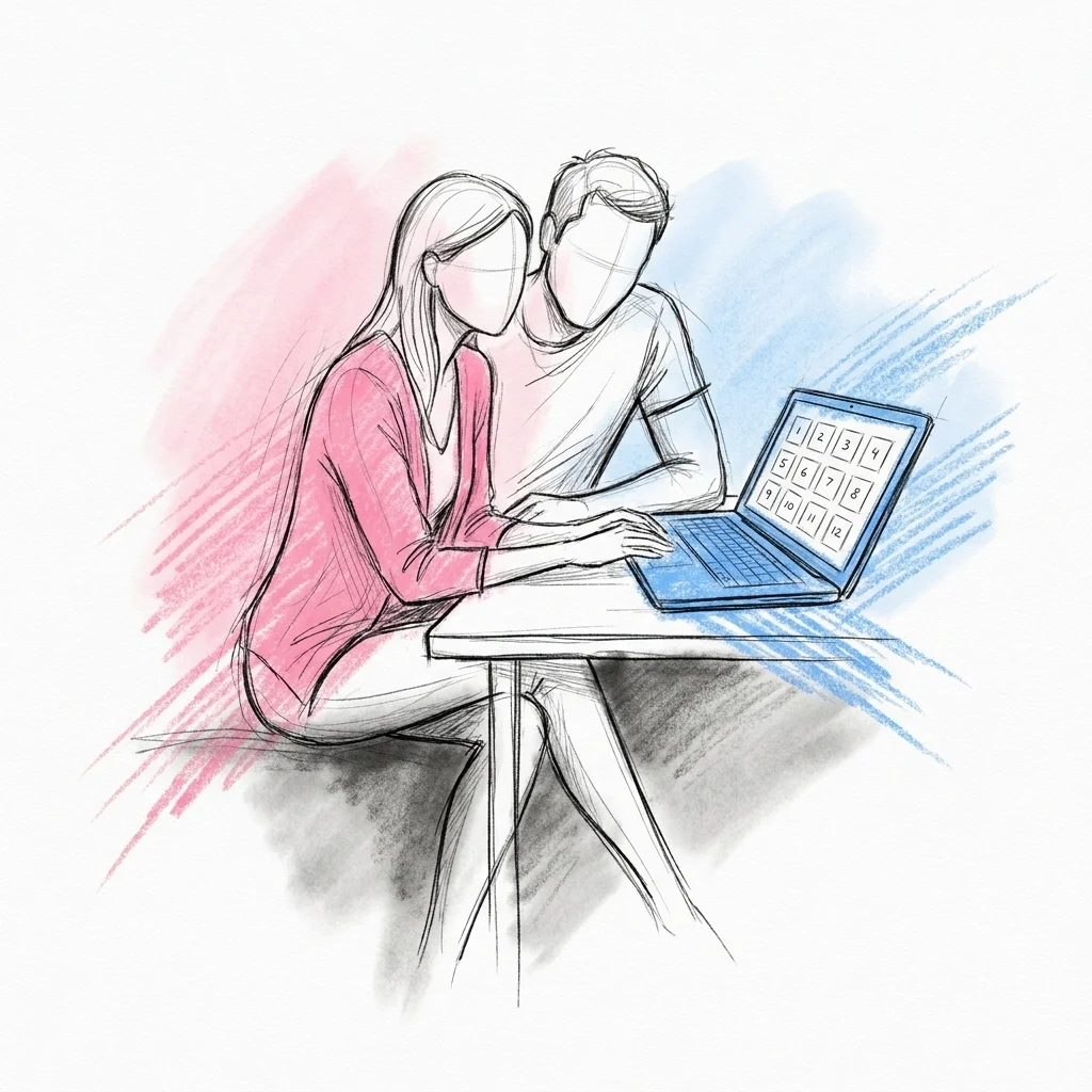 Par som sitter tillsammans vid en laptop med den numrerade bildmallen synlig på skärmen, avslappnade och samarbetande medan de planerar leken, i Lovios rosa och blå illustrationsstil