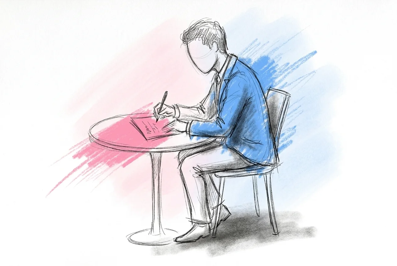 En toastmaster vid ett litet bord som fyller i ett kort eller en anteckningsbok med en numrerad svarslista, kortet vänt bort från insyn, en penna i handen, fokuserad och lite hemlighetsfull, i Lovios rosa och blå illustrationsstil