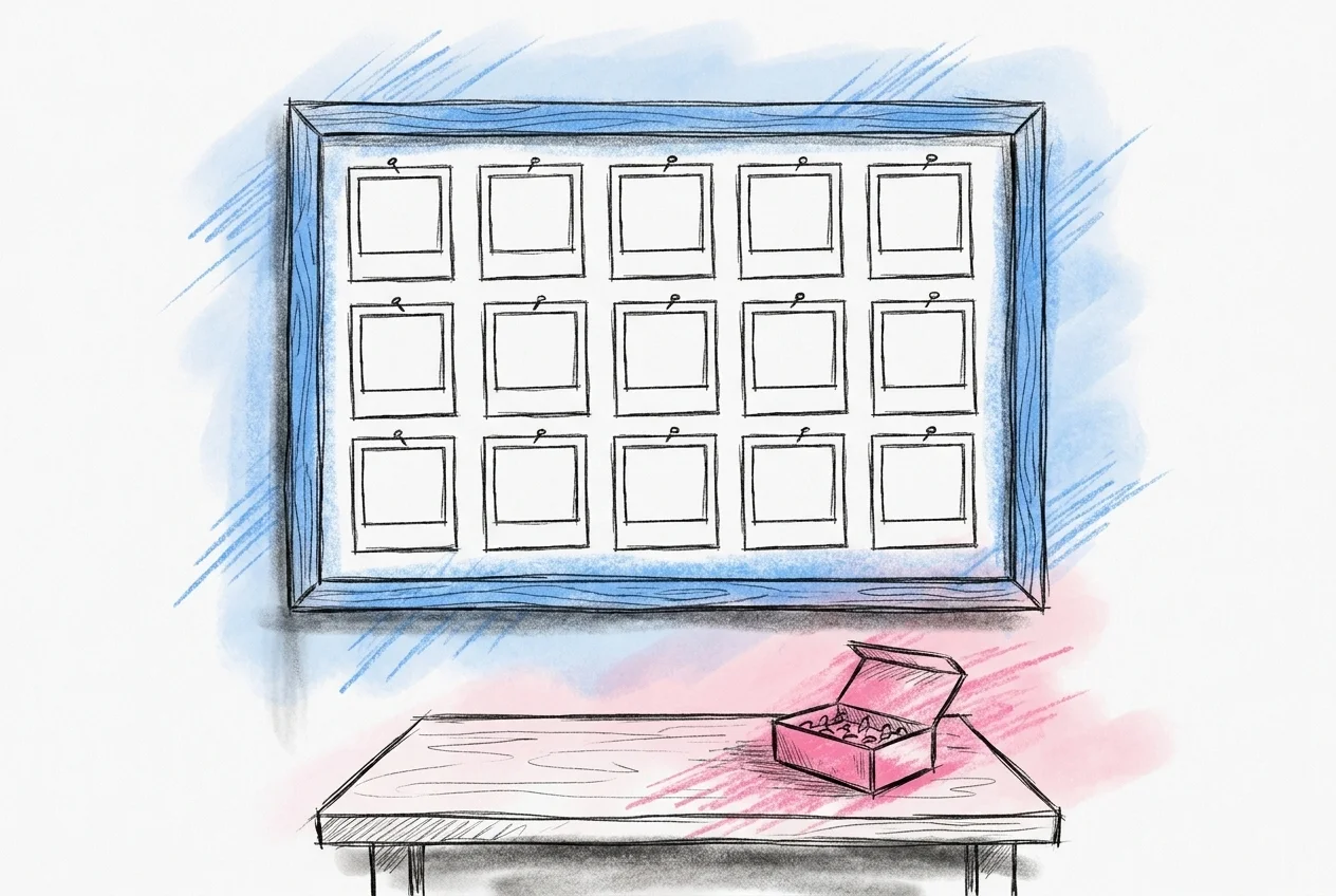 Stor anslagstavla på en vägg med 15 numrerade tomma bildramar arrangerade i ett rutnät och en liten låda med häftstift på ett bord bredvid, i Lovios rosa och blå illustrationsstil