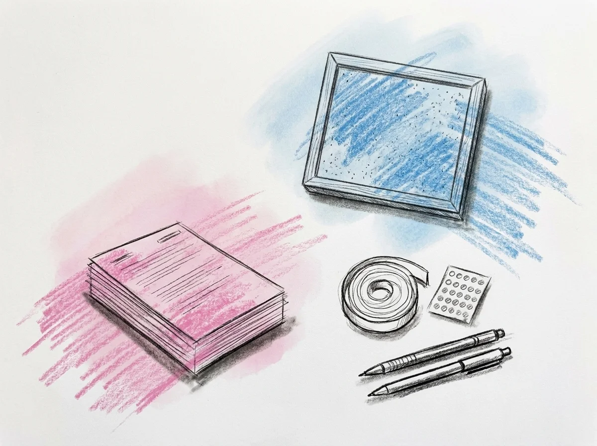 En uppradad flatlay av lekens material på ett bord — en liten korkskiva, en rulle häftmassa, numrerade klistermärken, en trave utskrivna papper och ett par pennor, i Lovios rosa och blå illustrationsstil