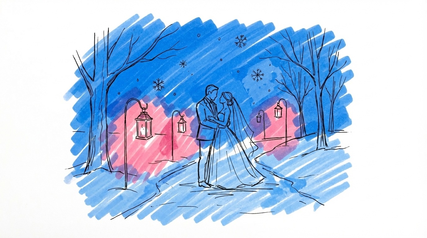 Vinterbröllopsscen i skymning med par på snöig stig, lyktor och djupblå himmel i Lovios rosa och blå stil