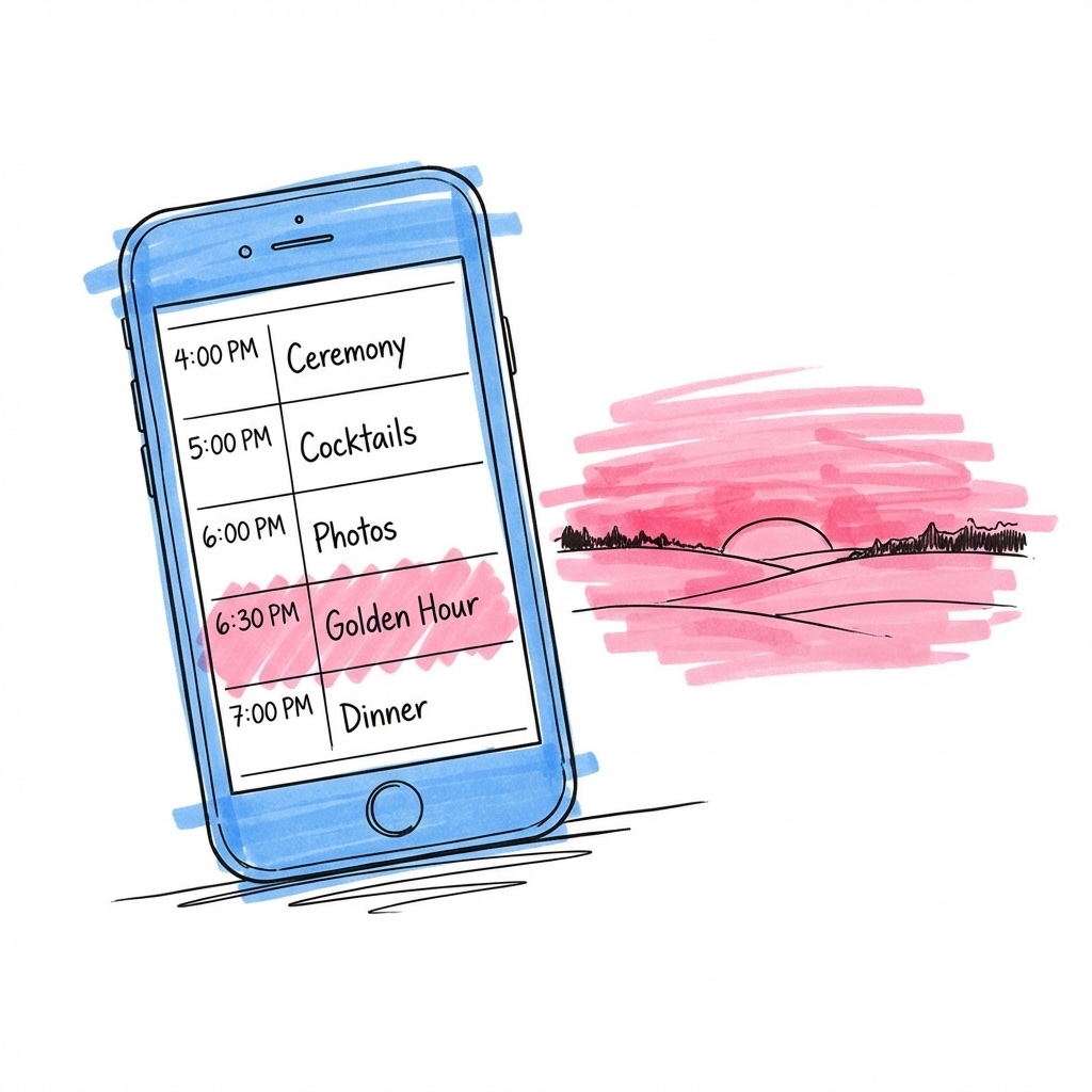 Telefon med dagsprogram och markerat golden hour-block bredvid solnedgångslandskap