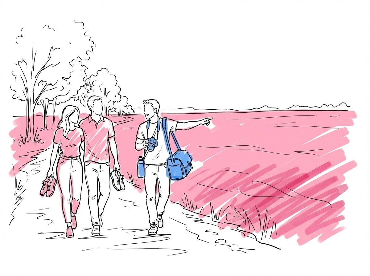 Par och fotograf som promenerar längs en stig och scoutar en plats med öppet fält och västlig horisont i Lovios stil