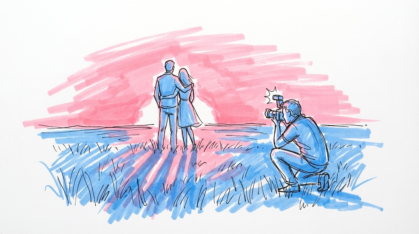 Par på en äng i solnedgångsljus med fotograf som tar bilder, varmt gyllene ljus och långa skuggor i Lovios rosa och blå illustrationsstil