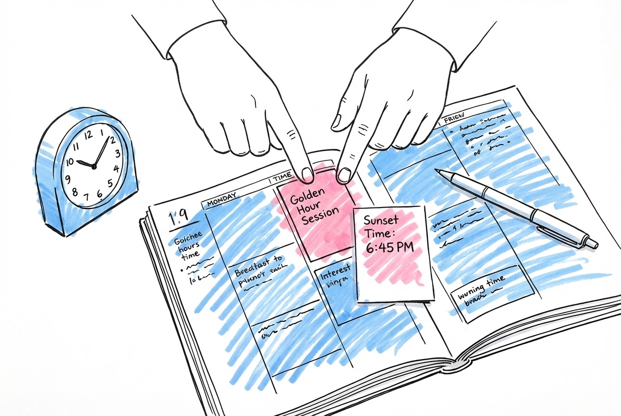 Planerare med markerat golden hour-block, penna, klocka och solnedgångstid i Lovios rosa och blå stil