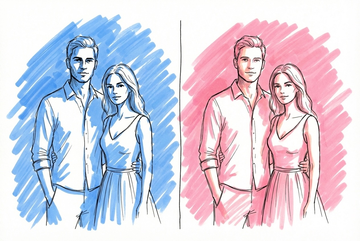 Delad scen som visar ett par i hårt mittagsljus med skarpa skuggor bredvid samma par i mjukt golden hour-ljus i Lovios stil