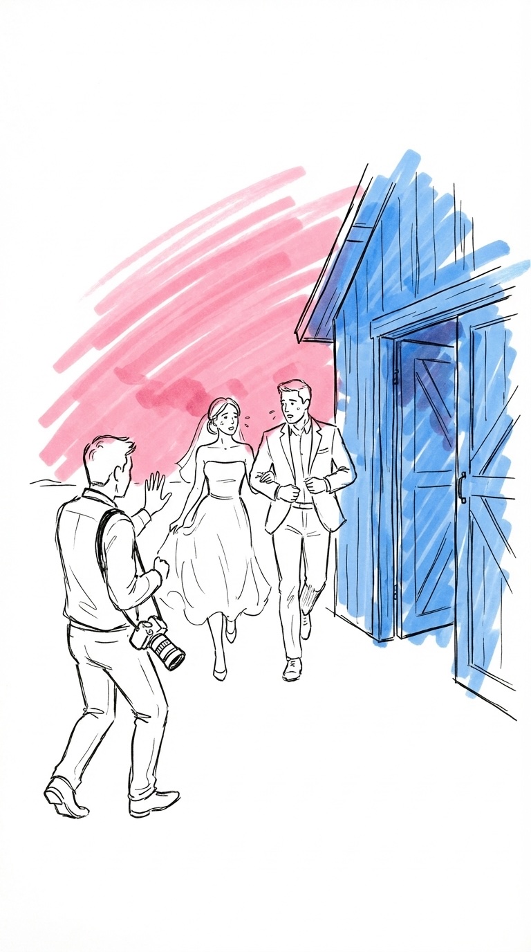 Par som skyndar tillbaka mot festlokal med gyllene himmel som bleknar, fotograf som pekar att sakta ner i Lovios stil