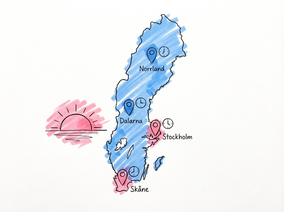 Karta över Sverige med pins för Skåne, Stockholm, Dalarna och Norrland, klockikoner och låg sol i väster i Lovios stil
