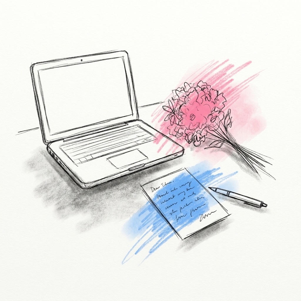 Öppen bärbar dator som visar ett dokument med textrader, med ett handskrivet kort, en penna och en liten bukett bredvid, i Lovios rosa och blå illustrationsstil