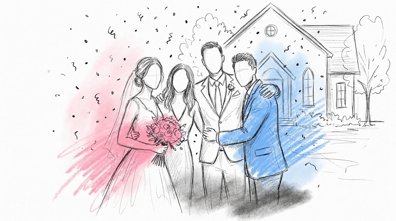 Två vänner som kramar ett nygift par utanför en vigsellokal med konfetti i luften och en bukett i handen, i Lovios rosa och blå illustrationsstil