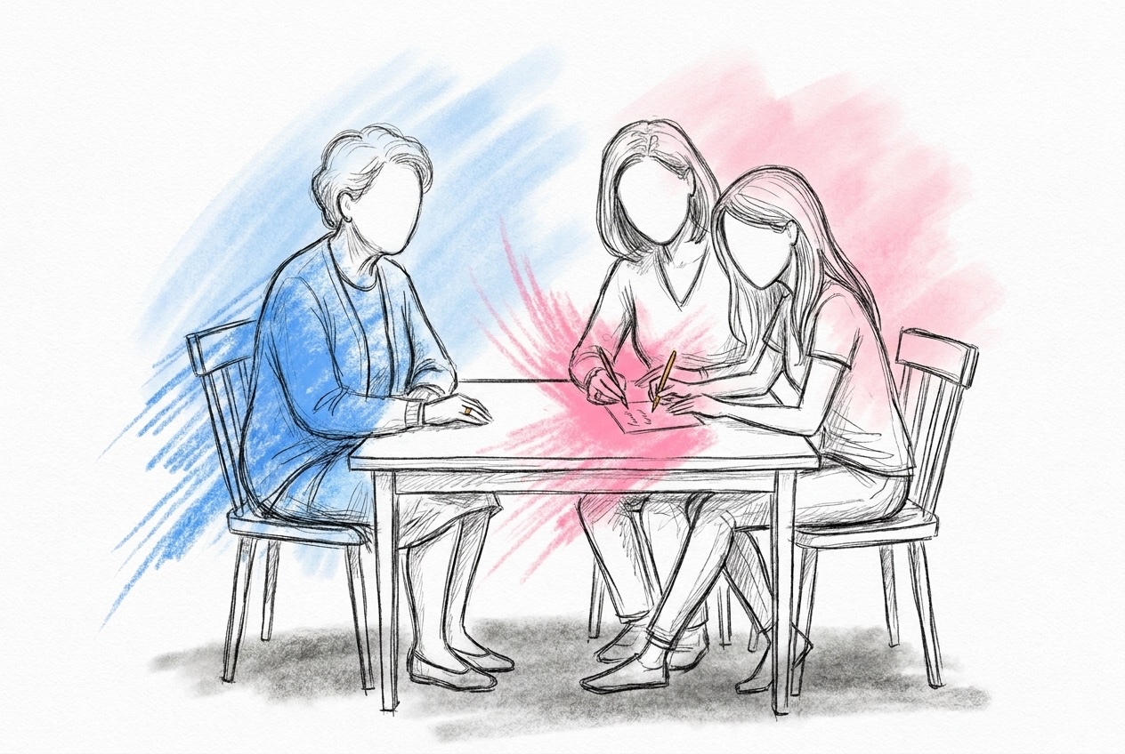 Tre generationer, en mor- eller farförälder, en förälder och en ung vuxen, som sitter tätt vid ett köksbord och skriver ett kort tillsammans, i Lovios rosa och blå illustrationsstil