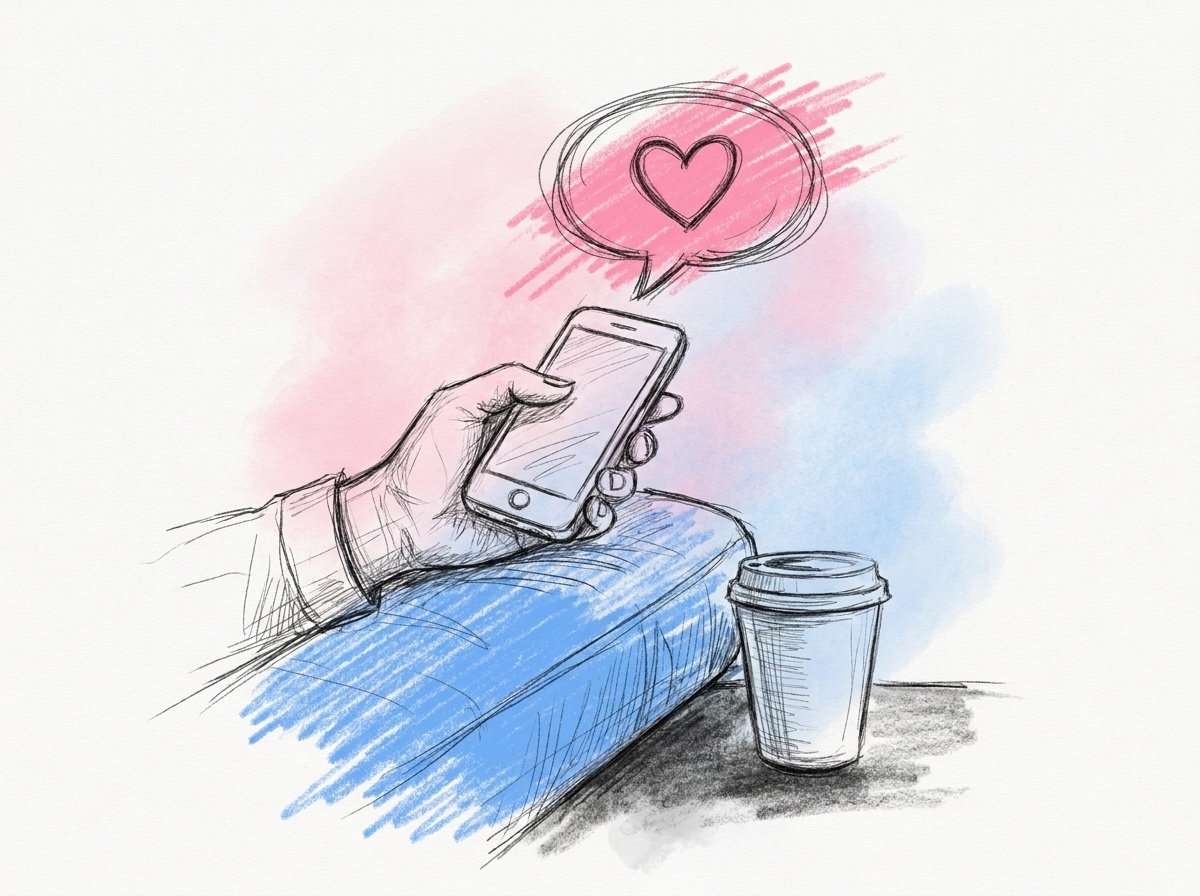 En hand som håller en smartphone med en pratbubbla och ett hjärta ovanför, bredvid en kaffekopp på en soffarmstöd, i Lovios rosa och blå illustrationsstil