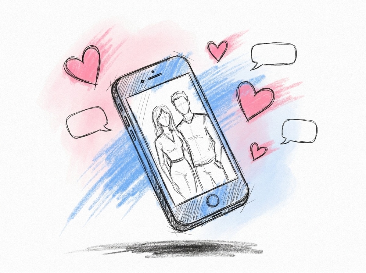 En smartphone som visar ett fotoinlägg av ett par, med hjärtan och pratbubblor som svävar runt, i Lovios rosa och blå illustrationsstil