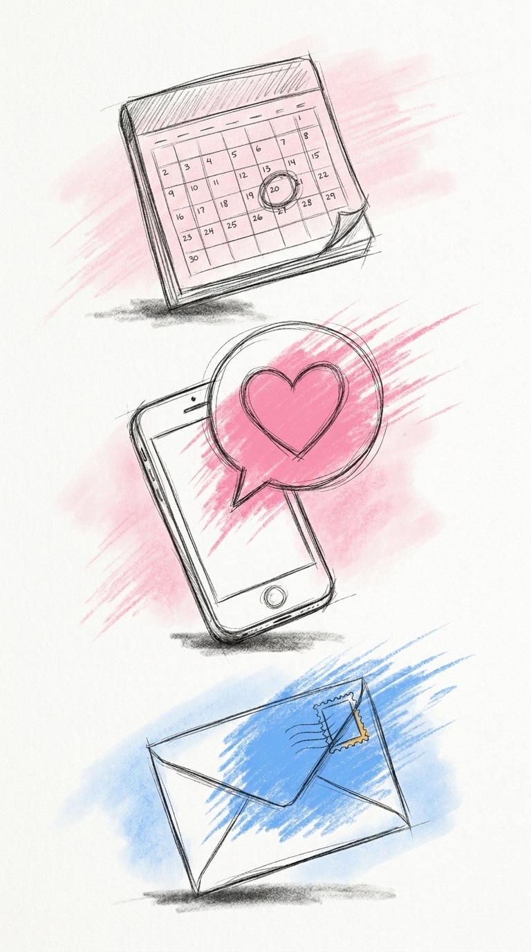 Lodrät komposition med en fickkalender med ett inringat datum överst, en smartphone med en hjärtbubbla i mitten och ett frankerat kuvert längst ned, i Lovios rosa och blå illustrationsstil