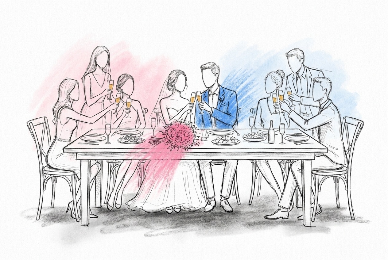 En grupp vänner som lyfter glas runt ett nygift par vid ett långbord och skrattar, i Lovios rosa och blå illustrationsstil