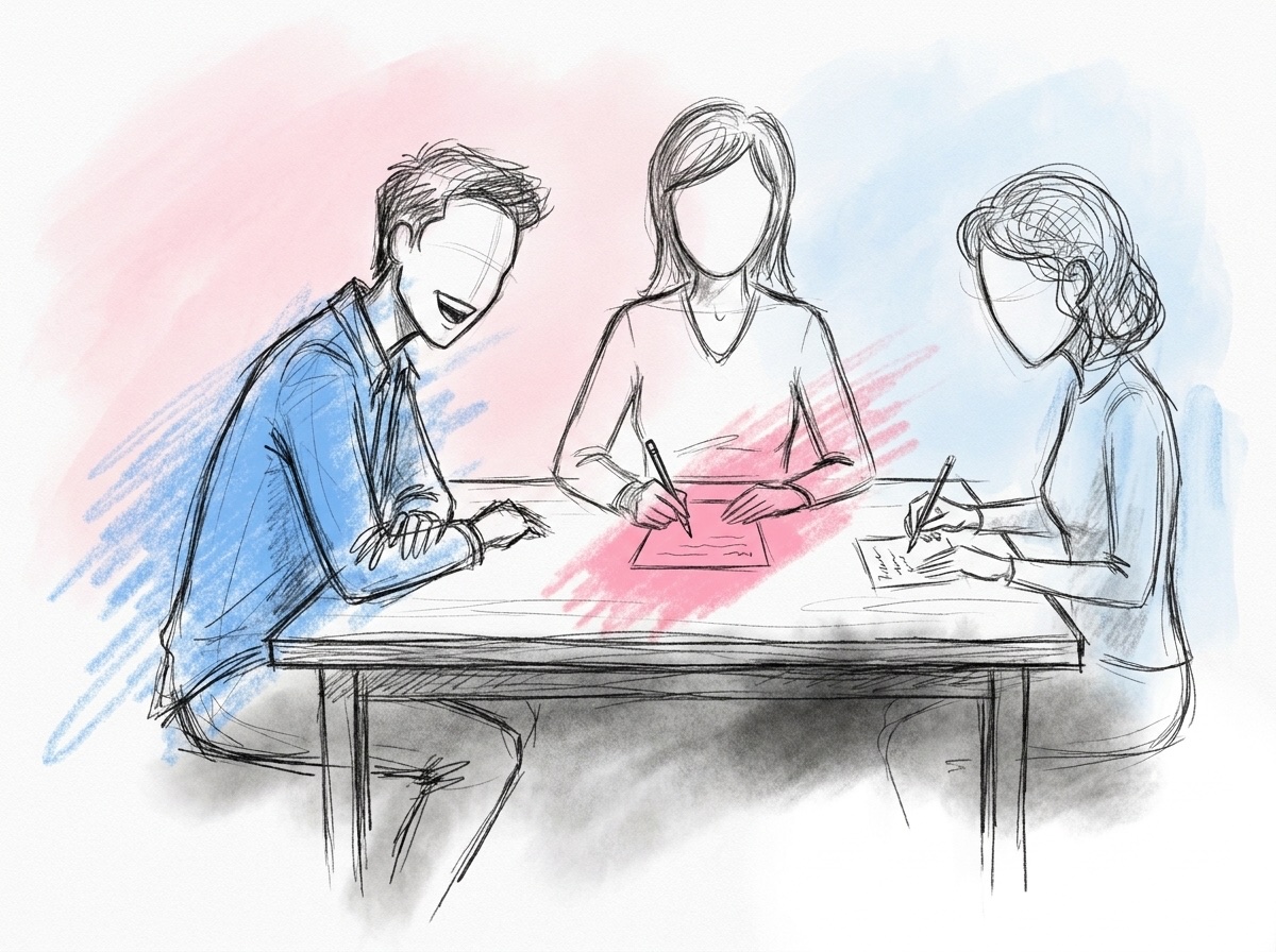 Tre personer vid ett bord som var och en skriver ett kort: en ung vän som skrattar, en förälder som skriver eftertänksamt och en gäst med en kort lapp, i Lovios rosa och blå illustrationsstil
