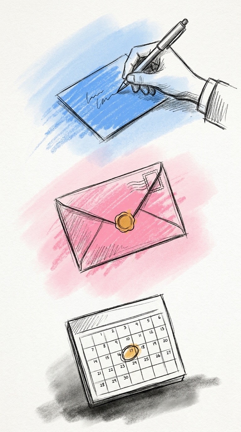 Lodrät komposition med en hand som skriver på ett kort överst, ett frankerat kuvert i mitten och en fickkalender med ett inringat datum längst ned, i Lovios rosa och blå illustrationsstil