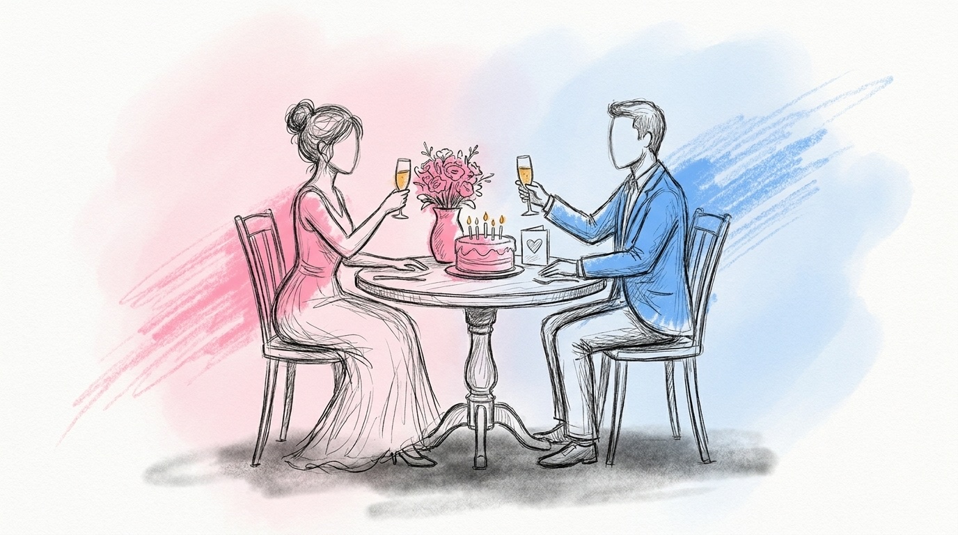 Ett par som skålar vid ett litet dukat bord med en tårta, tända ljus och ett kort lutat mot en vas, i Lovios rosa och blå illustrationsstil