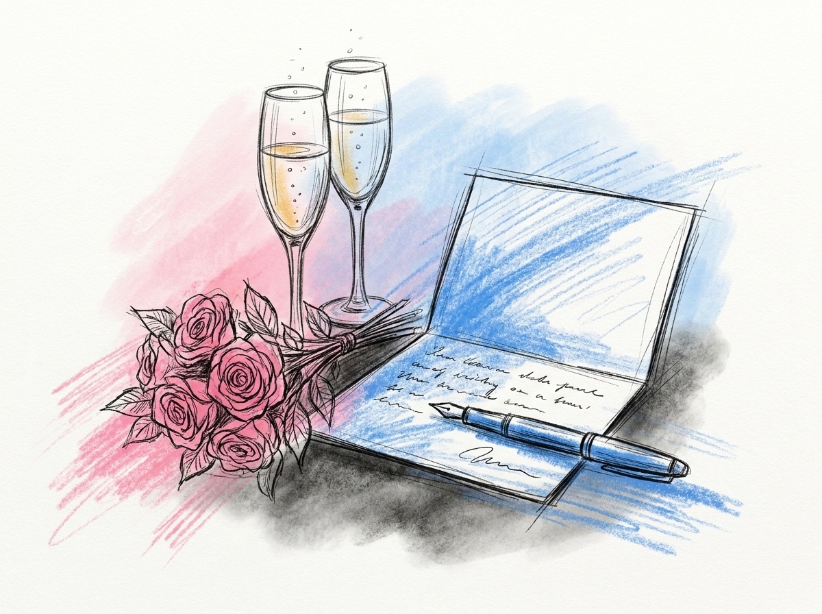 Ett uppslaget gratulationskort med rader av handskriftsliknande klotter och en reservoarpenna, bredvid två champagneglas och en liten bukett, i Lovios rosa och blå illustrationsstil