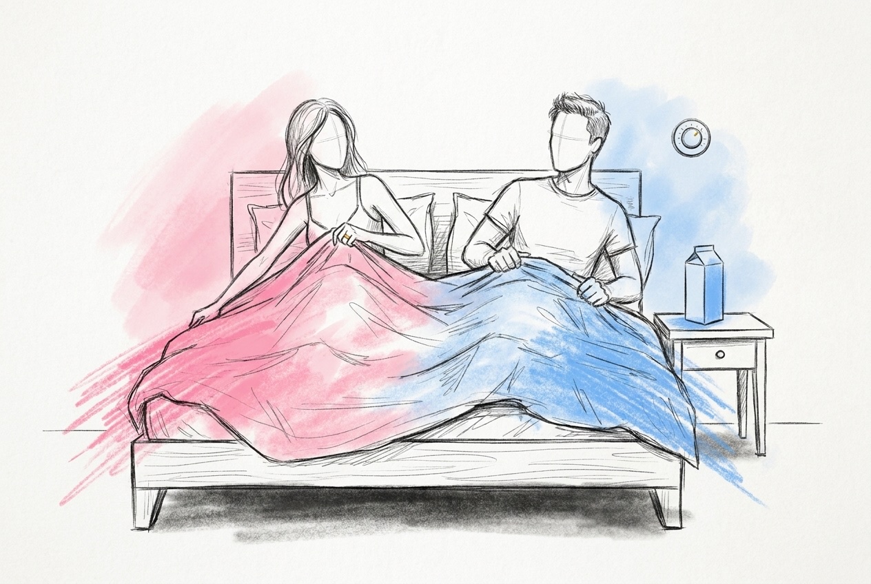Ett par i sängen som drar i ett gemensamt täcke åt varsitt håll och skrattar, med en termostat på väggen bakom och en mjölkkartong på nattduksbordet, i Lovios rosa och blå illustrationsstil