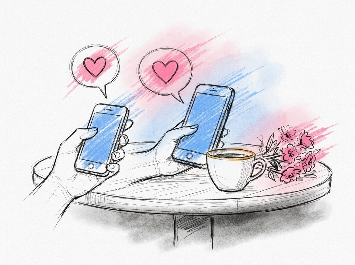 En hand som håller en smartphone med en pratbubbla och ett hjärta ovanför, vid ett frukostbord med en kaffekopp och en liten bukett blommor, i Lovios rosa och blå illustrationsstil