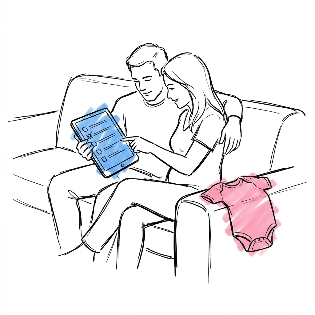 Par sittande i soffa, en håller surfplatta med checklista, den andra lutar sig in och pekar på skärmen, babybody på armstödet