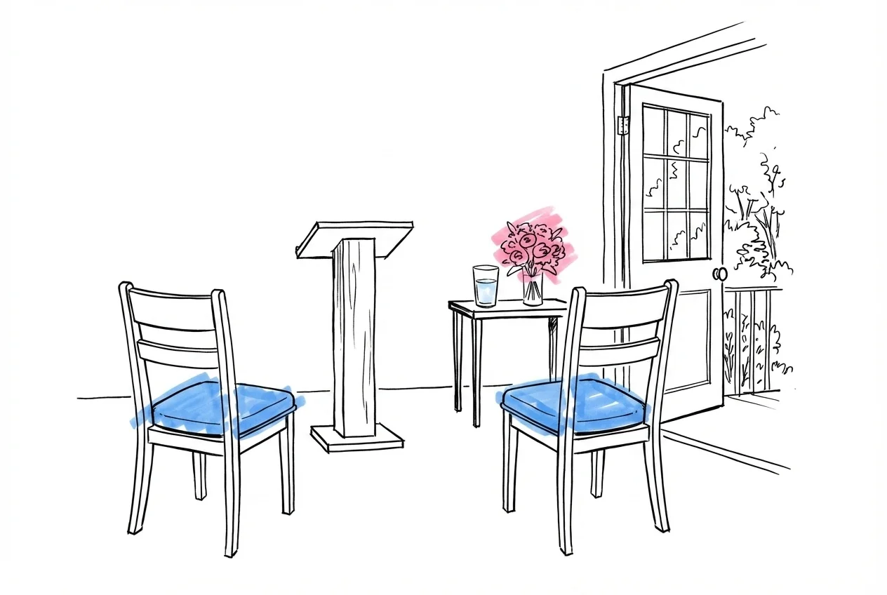 Ceremonilokal med två stolar framför ett litet podium, kudde på varje stol, sidobord med vattenglas och liten bukett, öppen dörr med ljusinsläpp