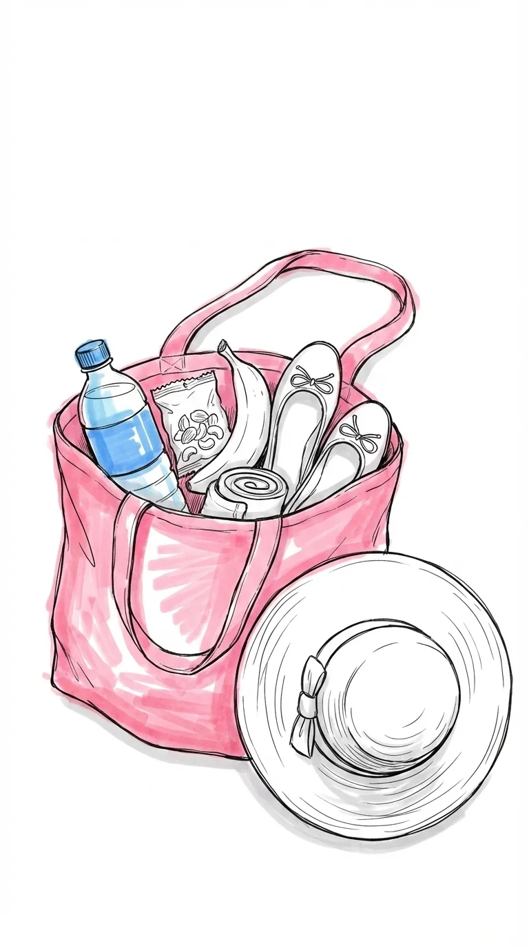 Tygväska sedd uppifrån med vattenflaska, nötter, banan, platta skor och kompressionsstrumpor, solhatt bredvid