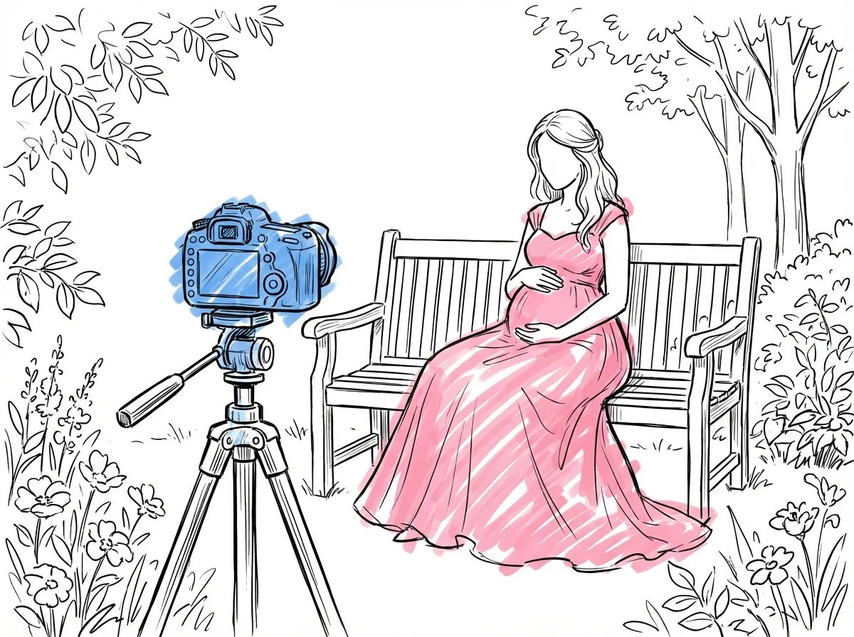 Gravid brud sittande på bänk i trädgård, lätt vinklad bort från kameran, en hand på magen, kamerastativ i förgrunden