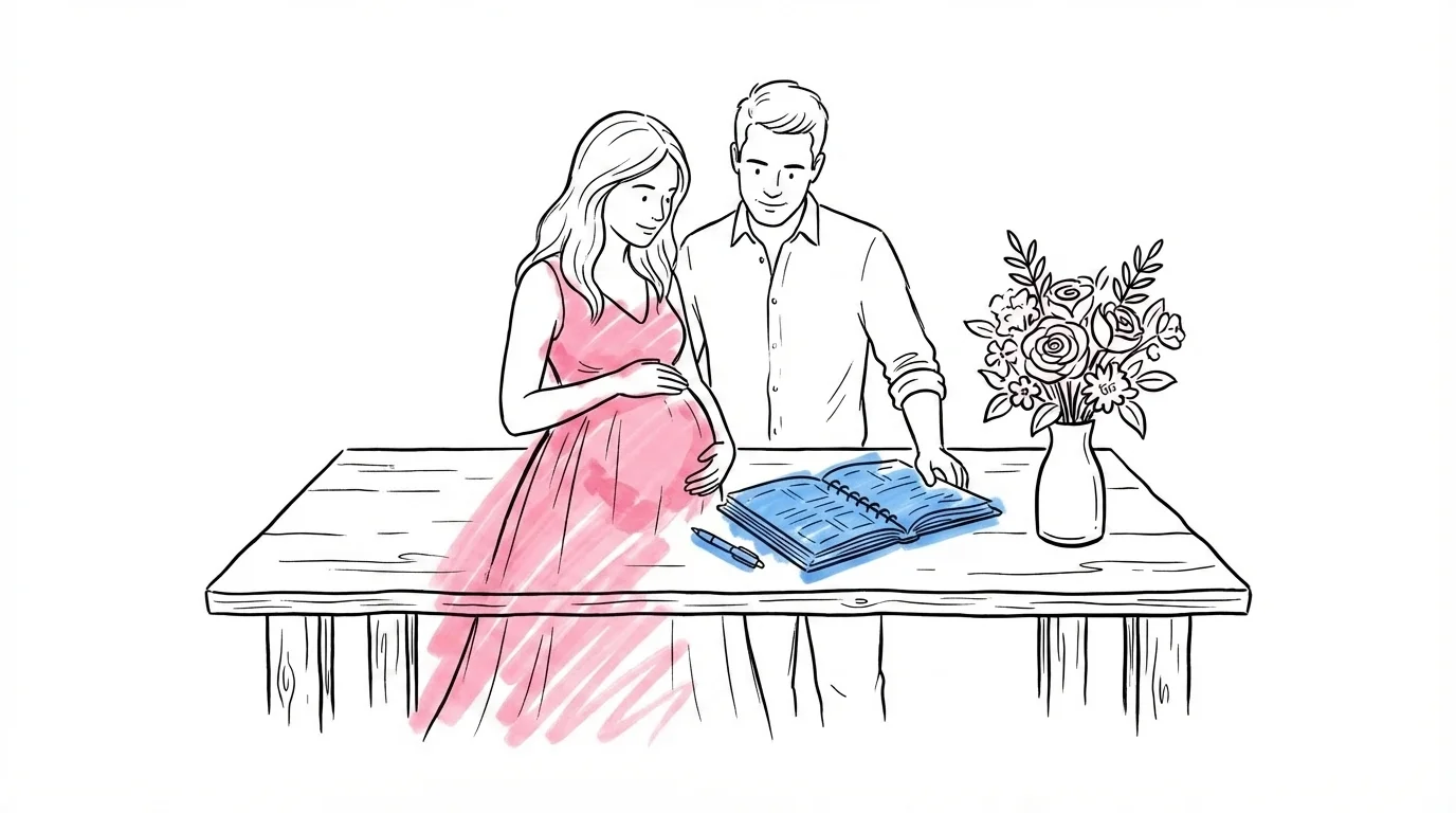 Gravid brud och partner vid bord med kalender och planeringsbok, hennes hand vilar på magen, blommor och penna på bordet