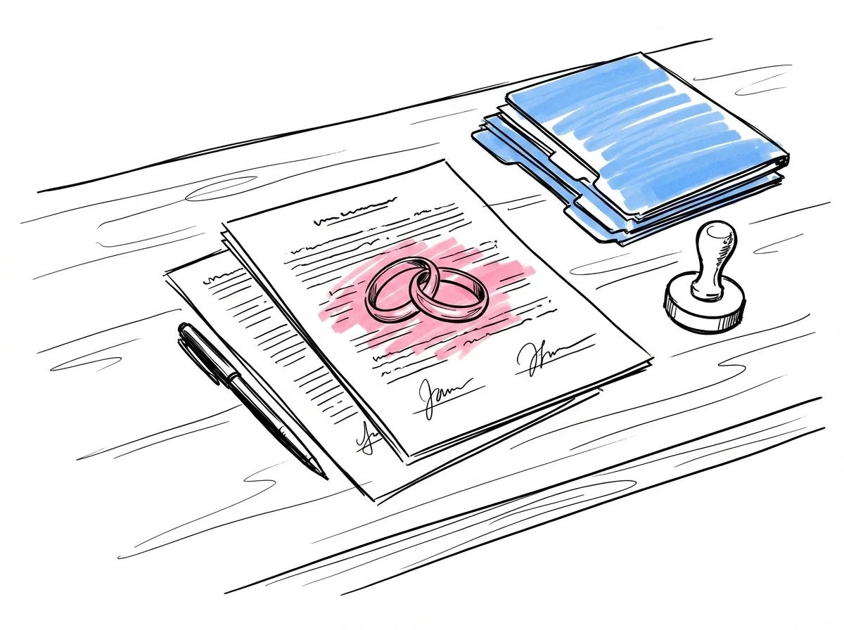 Skrivbord med officiella dokument, penna och två vigselringar ovanpå pappren, mappar med flikar och en stämpel bredvid