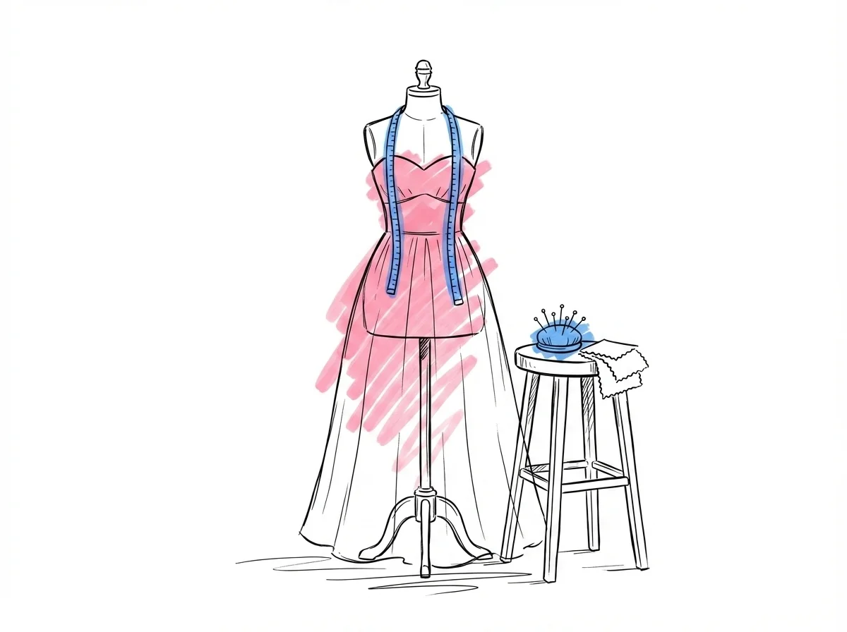 Empire-bröllopsklänning på skräddarskyltdocka med måttband runt bysten, nåldyna och tygprover på en pall bredvid