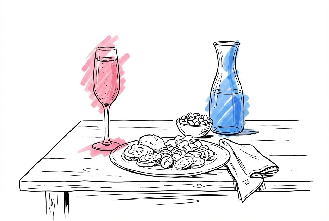 Festlig bordsdukning med alkoholfri bubbeldryck i champagneglas, tallrik med mat, skål med nötter och vattenkaraff