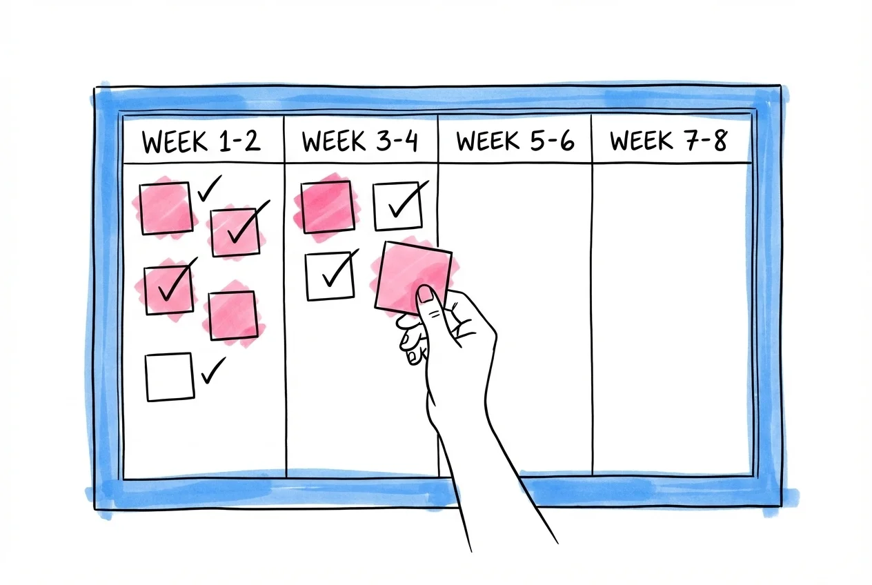 Väggplanerare uppdelad i fyra kolumner med post-it-lappar och bockmarkeringar, en hand som sätter fast en lapp