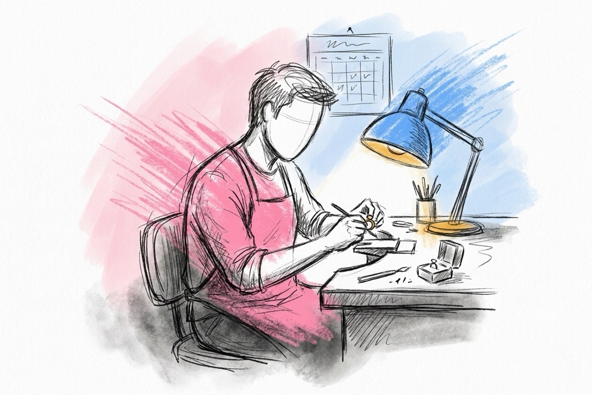 En guldsmed vid sin arbetsbänk som graverar en ring under en lampa, med en liten väggkalender och en ringask bredvid, i Lovios rosa och blå illustrationsstil
