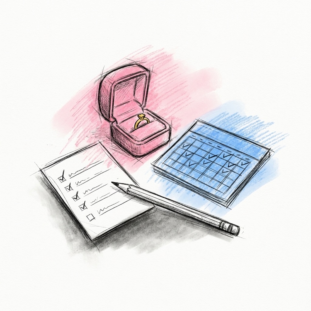 En checklista med några avbockade punkter, en ringask och en liten kalender, i Lovios rosa och blå illustrationsstil