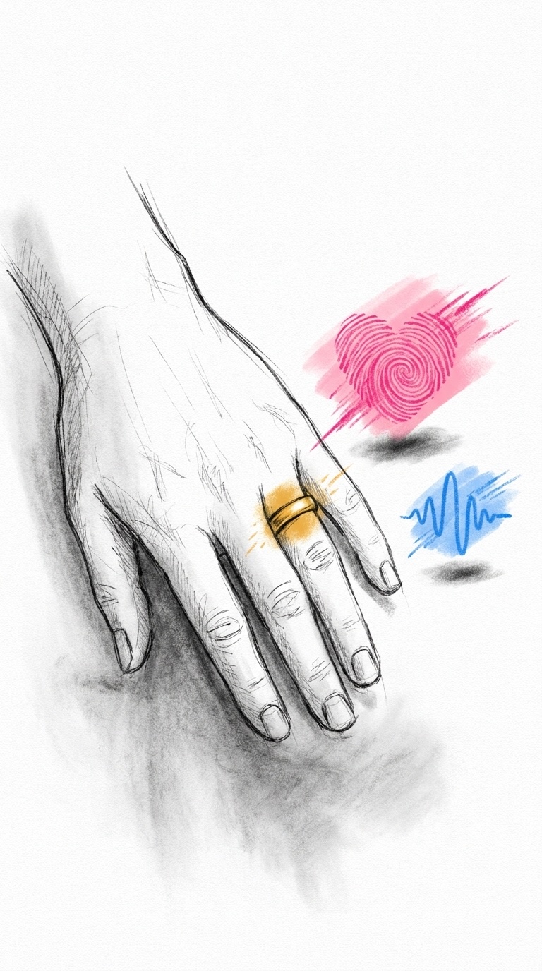 En hand med vigselring på ringfingret, med en liten fingeravtrycksspiral, en ljudvåg och ett hjärta skissade bredvid, i Lovios rosa och blå illustrationsstil