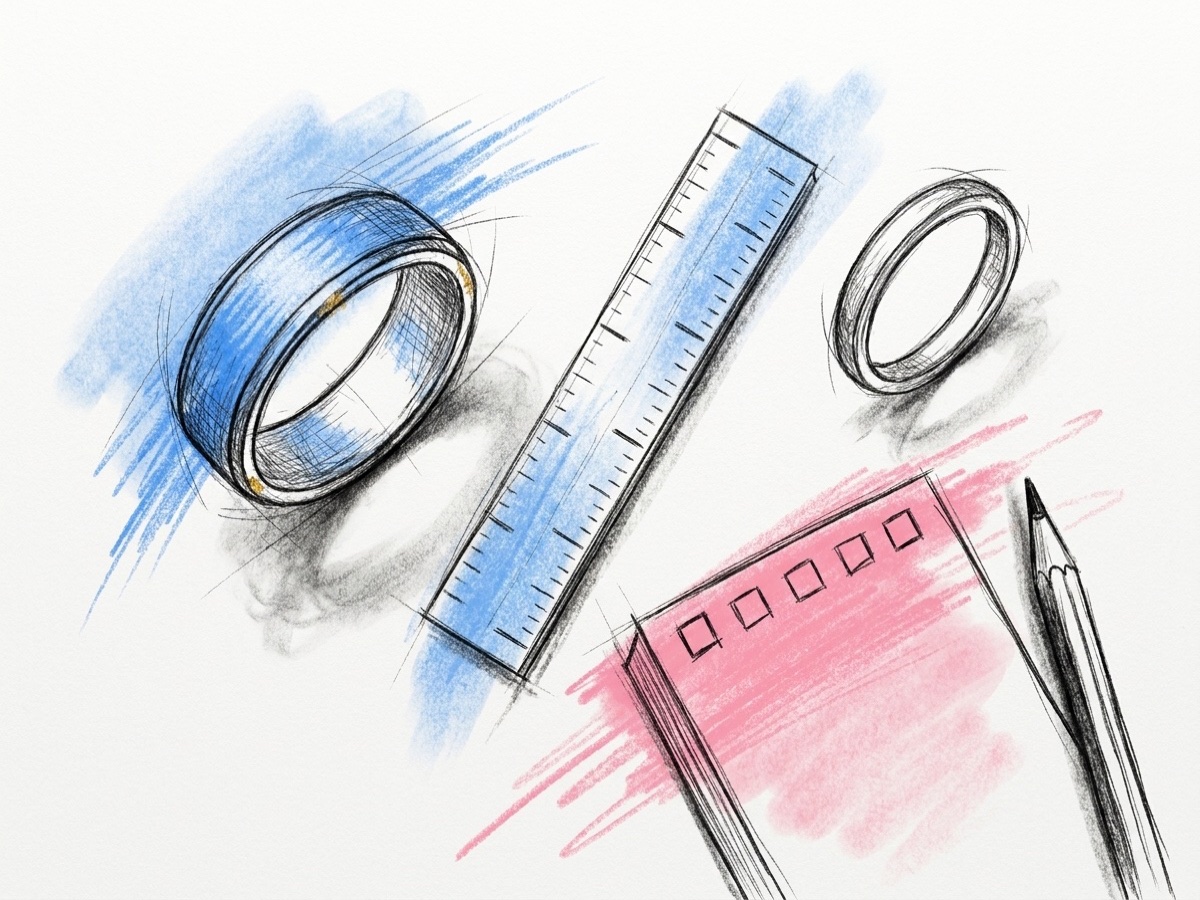 Två ringar, en bred och en smal, bredvid en liten linjal och ett anteckningsblock med en rad tomma rutor och en penna, i Lovios rosa och blå illustrationsstil