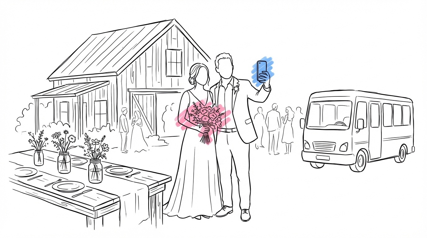 Brudpar vid bröllopslokal med digital planering och säsongsblommor