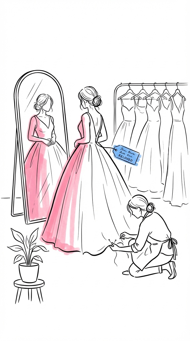 Second hand-brudklänning i ateljé med justering