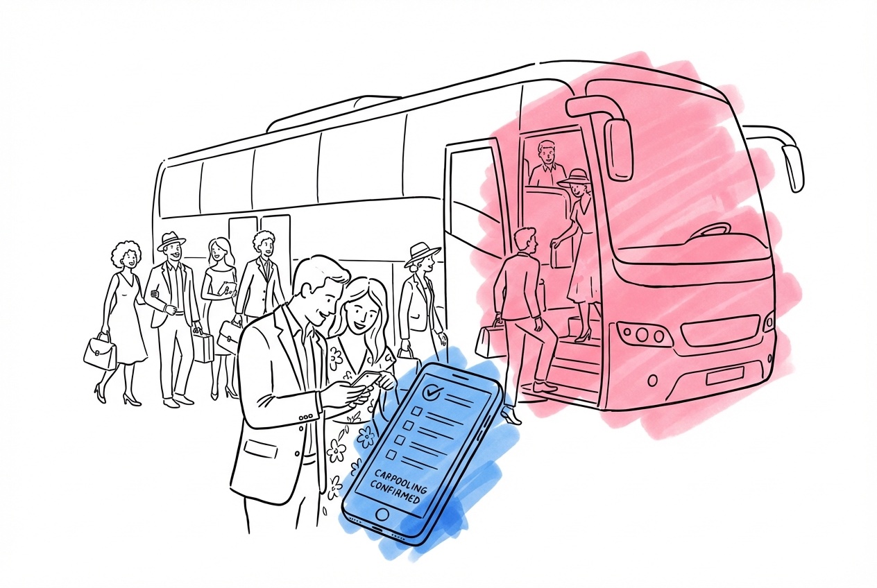 Bröllopsgäster som samåker och åker buss till lokalen