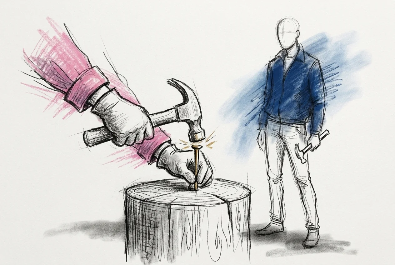 Närbild på ett hammarhuvud som möter en spik ovanpå en trästock med tydlig trästruktur, en person står redo med hammaren i väntan på sin tur