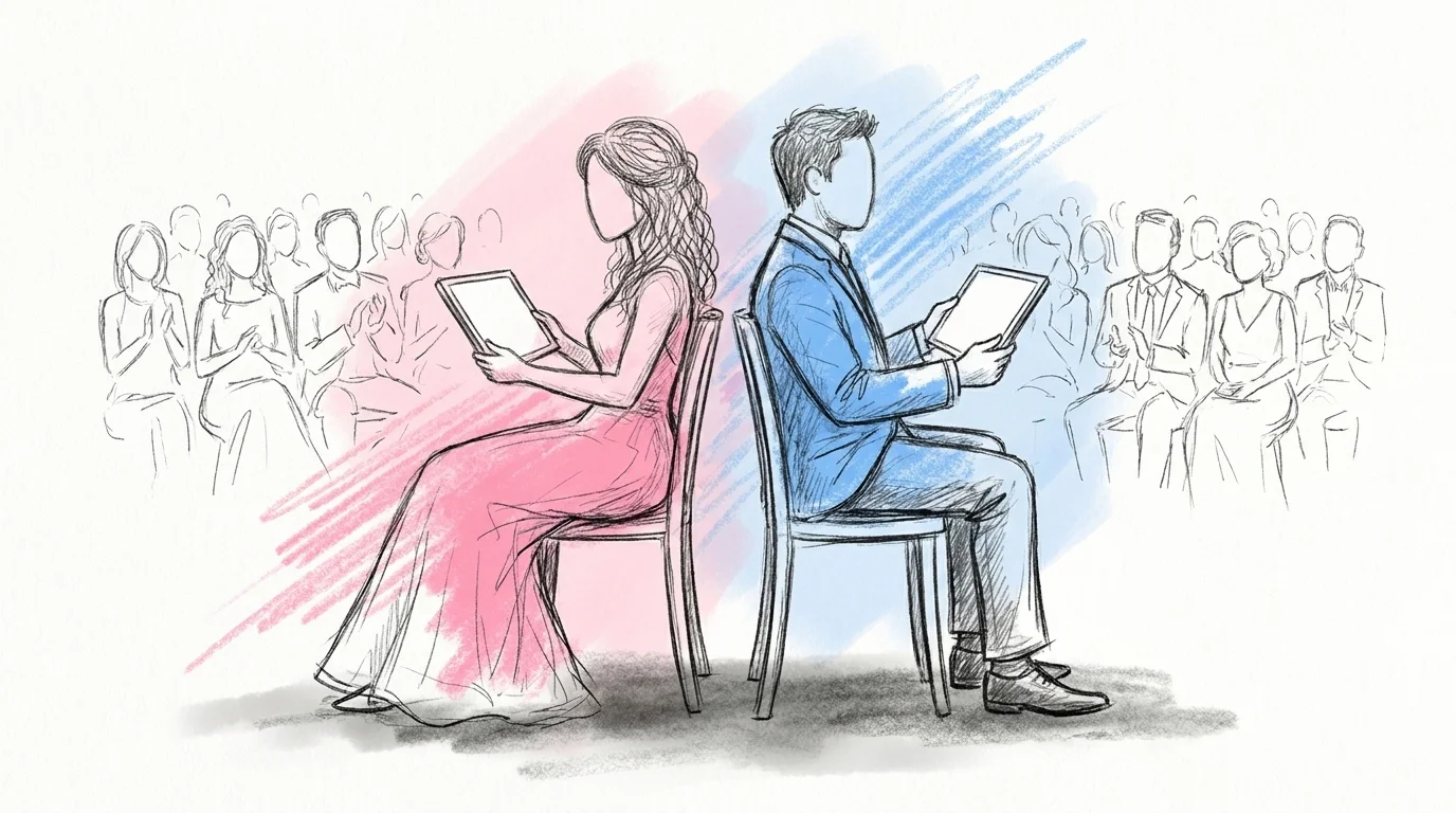 Brudpar sittande sida vid sida vänt mot bröllopsgästerna, båda håller upp en tom handhållen tavla vinklad så att gästerna inte kan se den ännu, i Lovios rosa och blå illustrationsstil