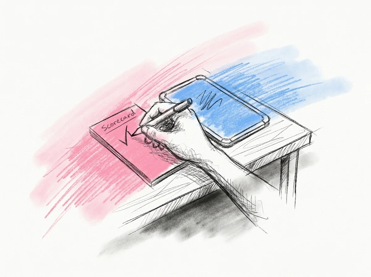 En hand som markerar ett kryss på ett litet poängkort bredvid två mini-whiteboards vända uppåt med samma skrivna svar, i det ögonblick en matchning bekräftas