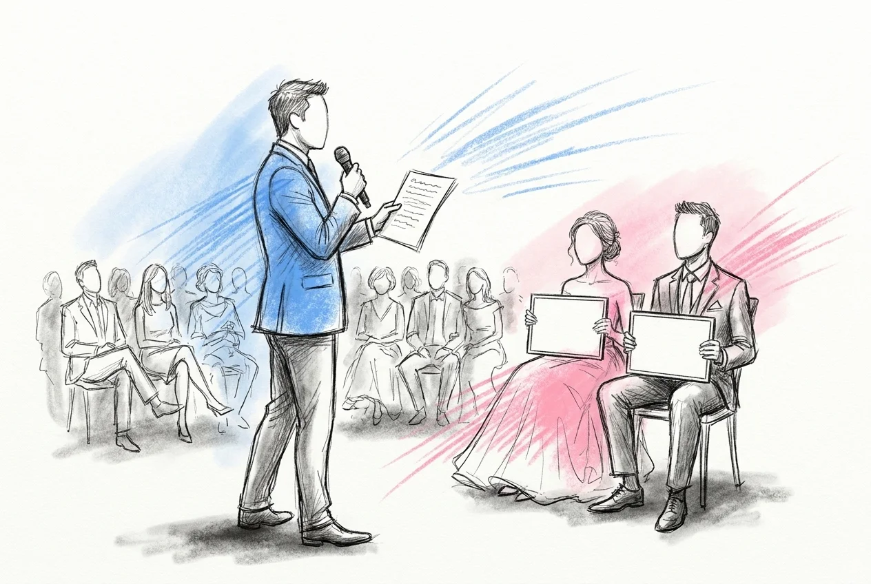 Toastmaster som står framför en sittande publik, mikrofon i ena handen och ett utskrivet manus i den andra, mitt i ett meddelande medan paret väntar med sina tavlor redo