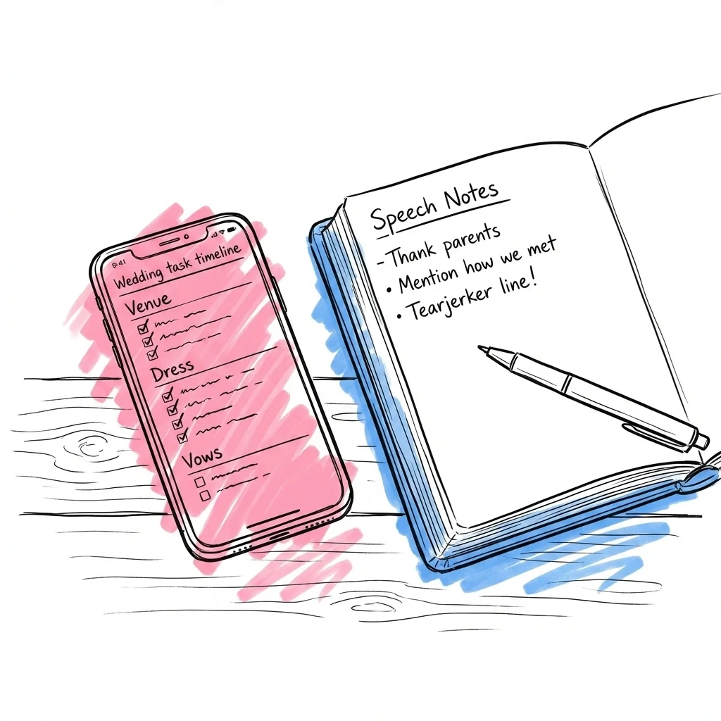 Telefon med Lovios tidslinje och anteckningsbok med tal-utkast