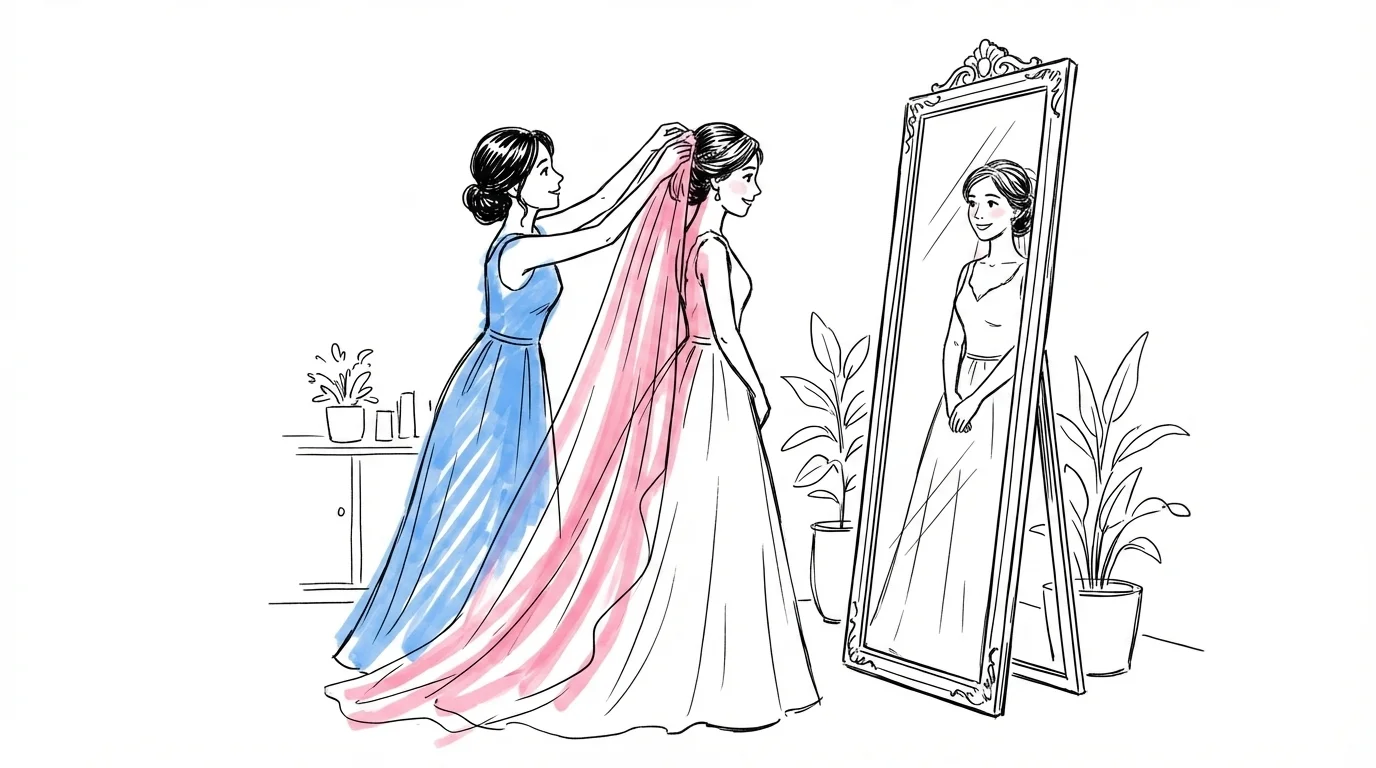 Hederstärna justerar brudens slöja framför en spegel — ett ögonblick av tillit före ceremonin