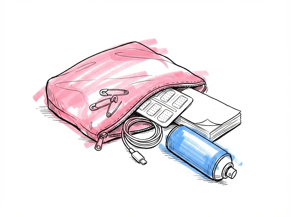 Öppet emergency kit med plåster, säkerhetsnålar, hårspray och laddare